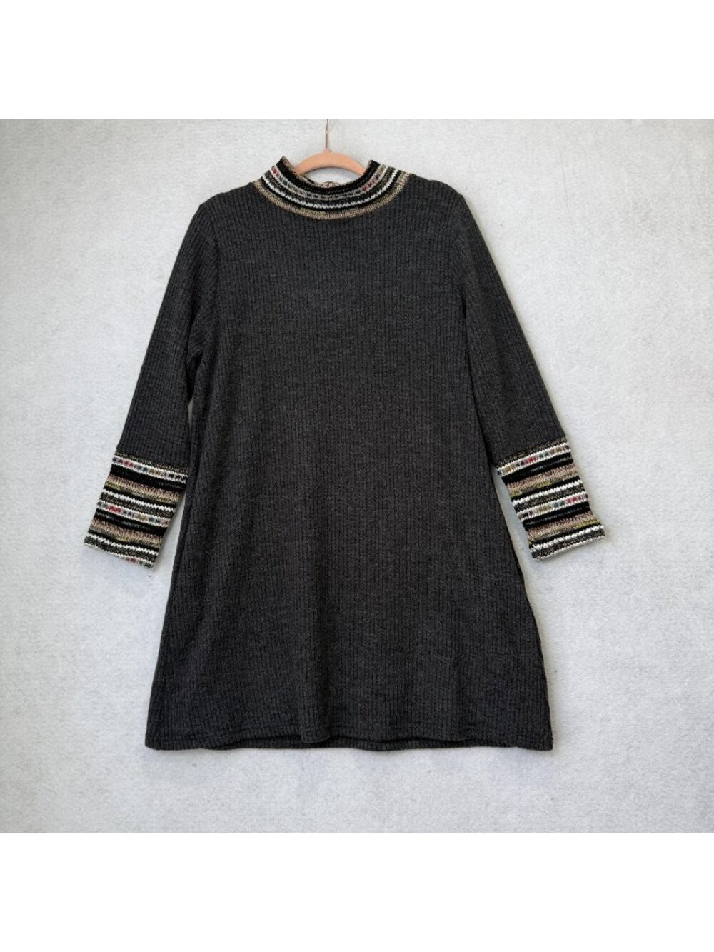 Trisha Tyler Sweater Dress Womens Medium Gray Mock Neck 3/4 Sleeve Stripe Knit